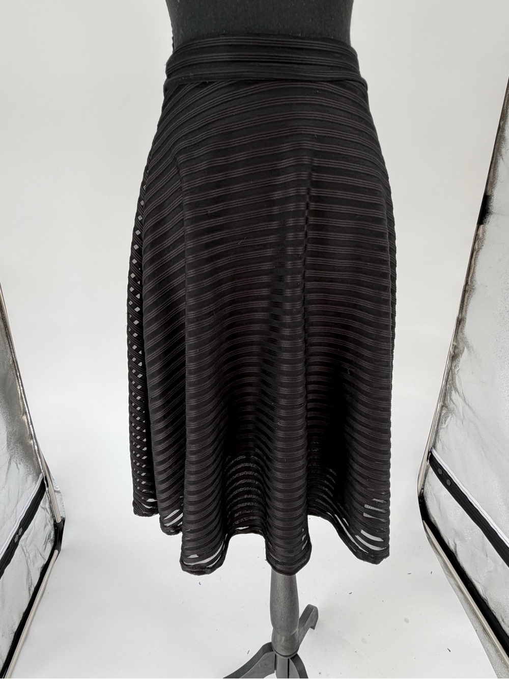 Vintage 26 waist‎ Black A-Line Sheer Stripe Midi Skirt